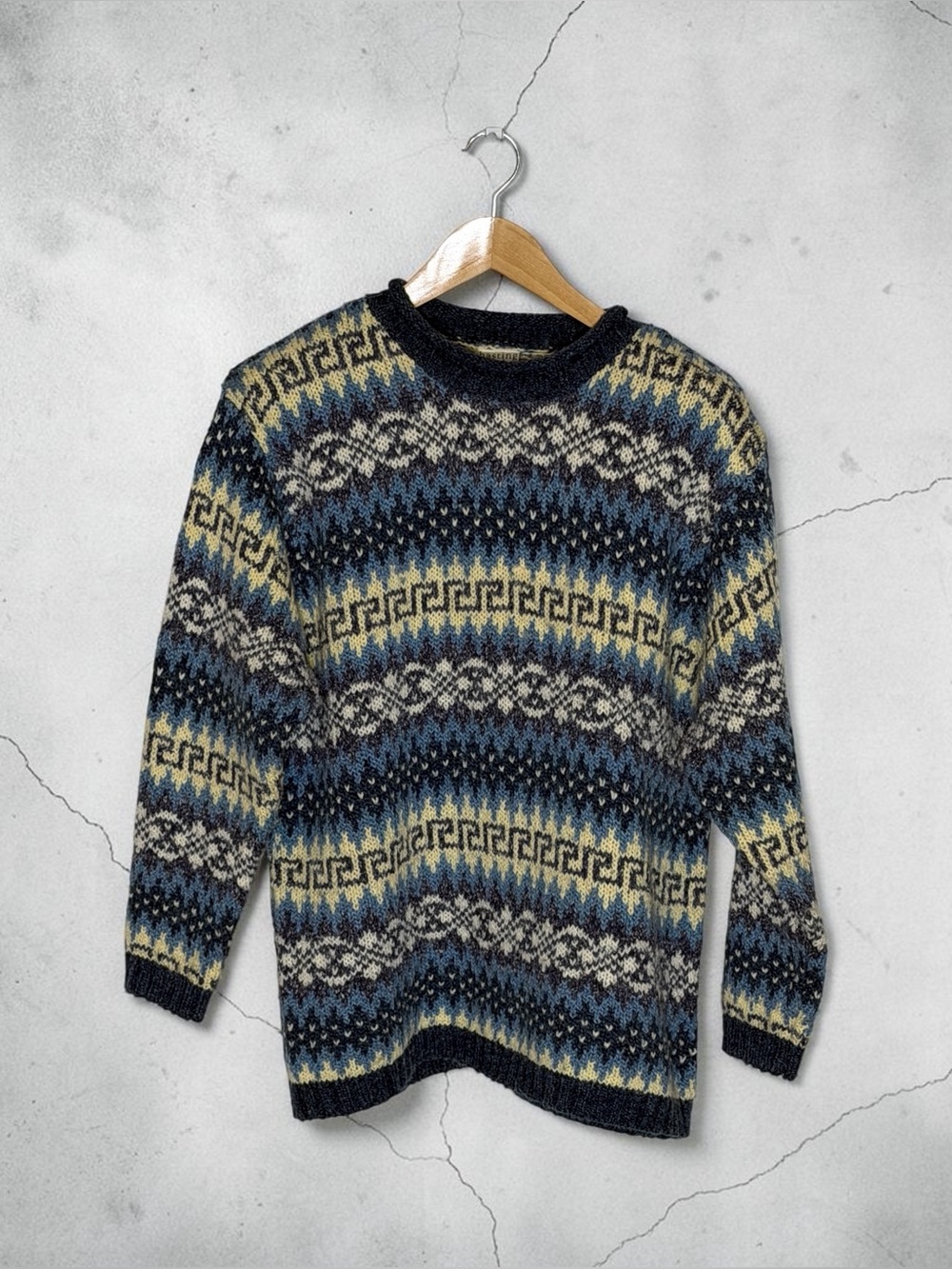 Vintage Hasting & Smith Fair Isle Nordic Sweater Women XL Blue Cream Yellow Wool